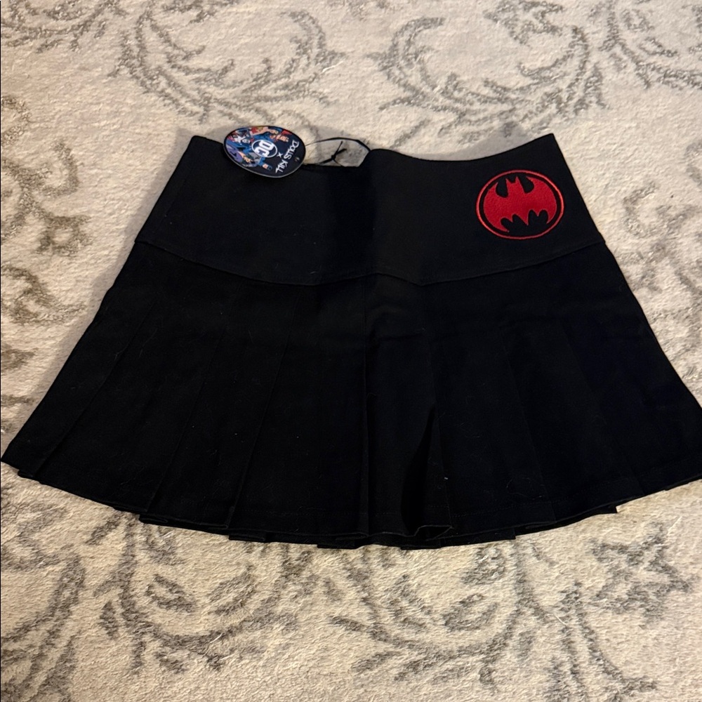 Dolls Kill Black pleated skirt with Red Batman Logo